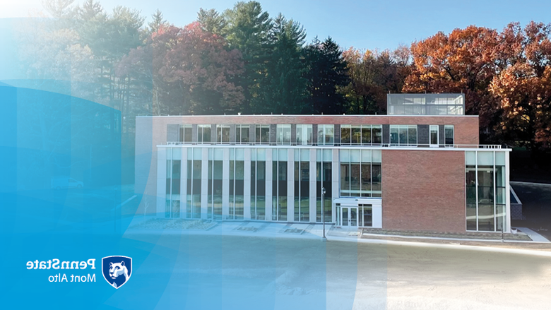 Picture of the Allied Health Building with the blue shield overlay and the "Penn State Mont Alto" logo